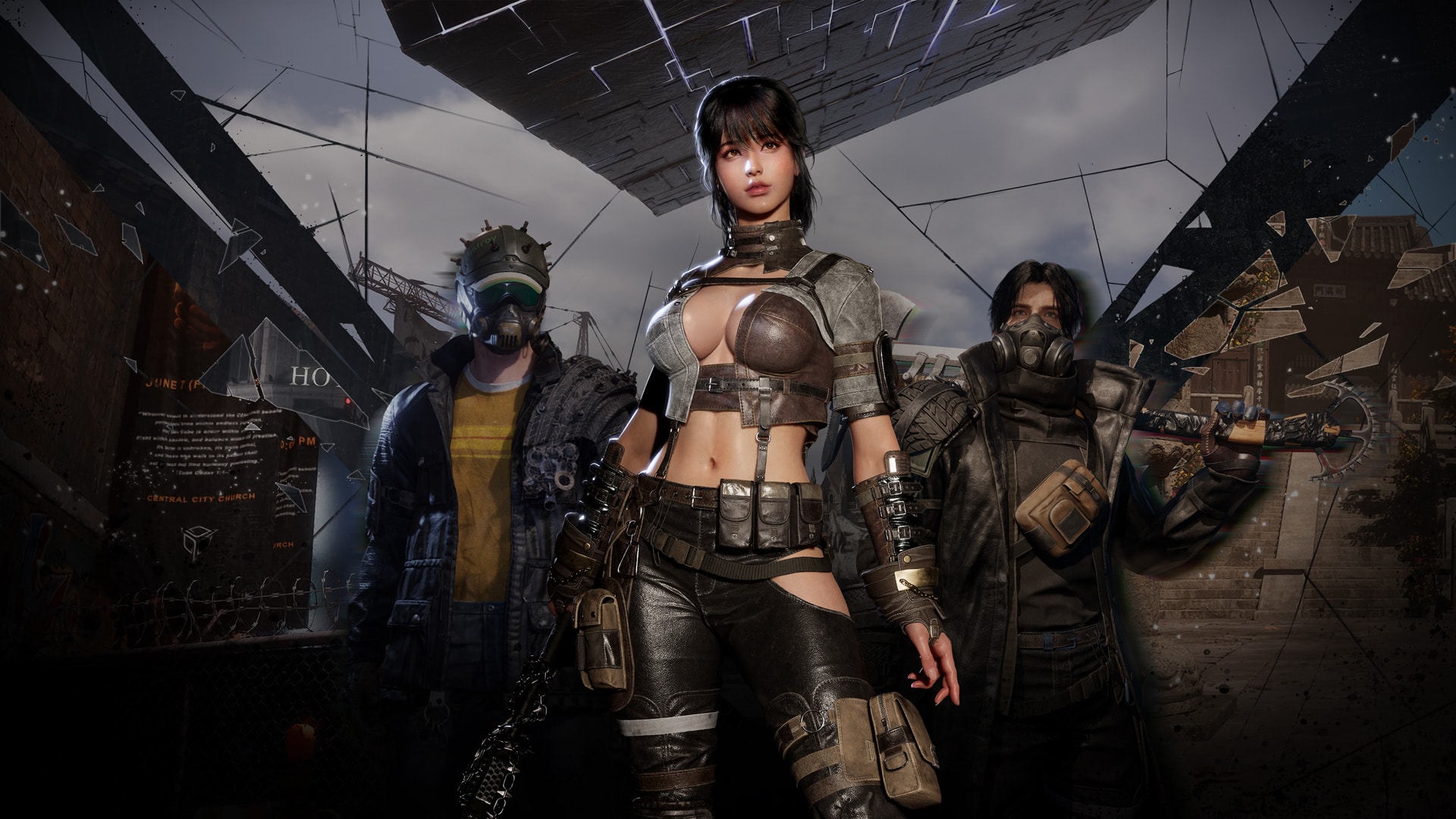 거대한 큐브의 심판에 맞서 3인 스쿼드 팀 플레이를 준비 중인 남녀 캐릭터. 전쟁으로 파괴된 도시에서 생존을 건 익스트랙션 액션 게임 스크린샷