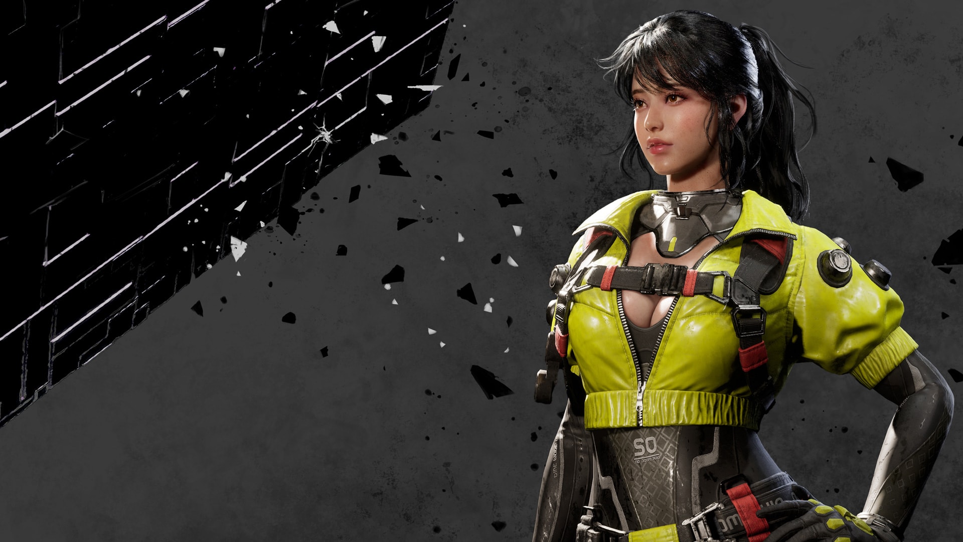 네온 다이버 복장, 포니테일 헤어 스타일의 매력적인 여성 캐릭터 스크린샷